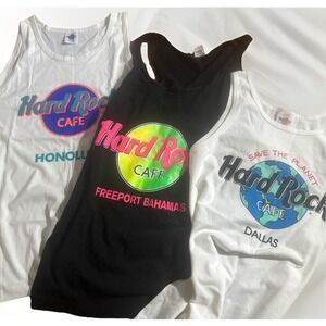 Lot of 3 Vintage Hard Rock Cafe Tank Tops Large White Made USA Honolulu Dallas